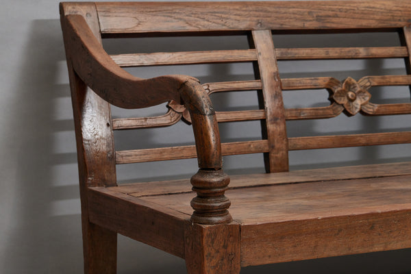 19th Century Dutch Colonial Teak Bench from Jakarta with a Carved Flower Back