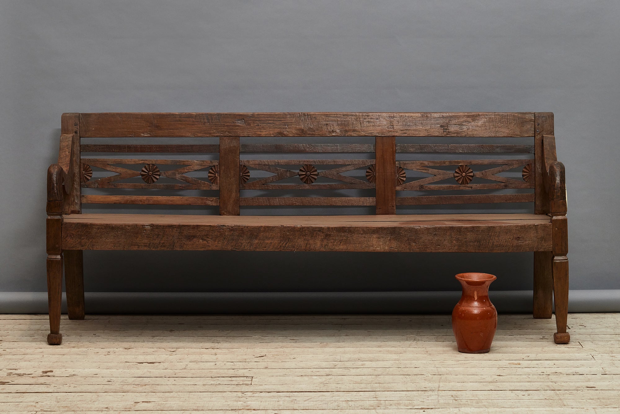 Teak Dutch Colonial Bench with Squared Tapered Leg from the Island of Sumatra