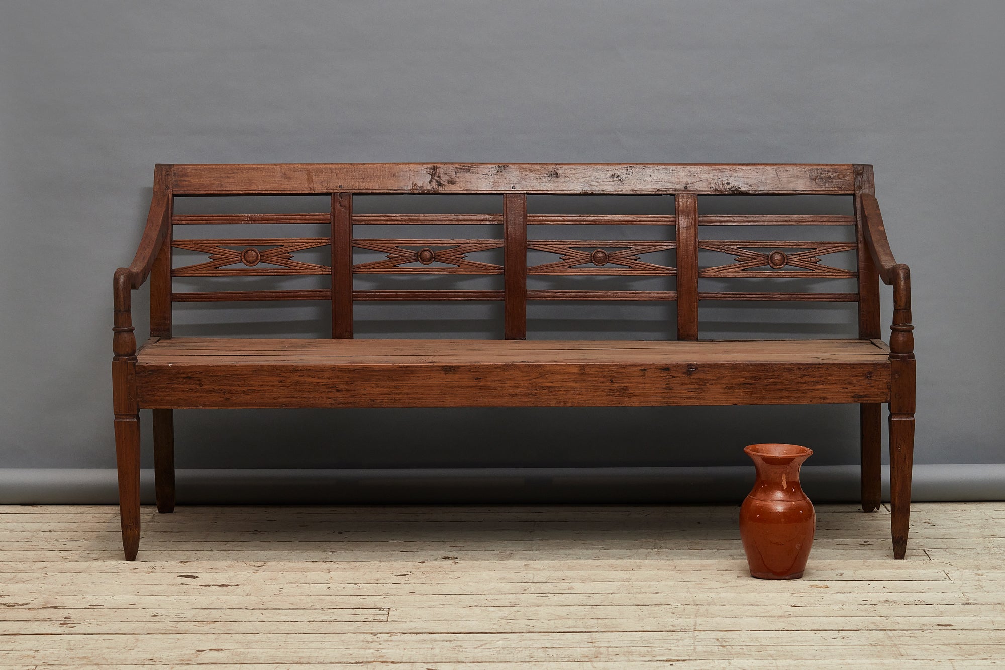 Deep Seated Delicately Carved Dutch Colonial Teak Bench from Java