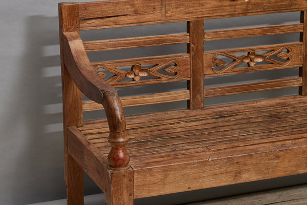 Slatted Seat Carved Back Dutch Colonial Teak Bench from Sumatra with Strong Arms and Legs