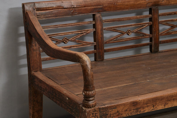 Tall Deep Seated 19th Century Teak Dutch Colonial Bench with Nicely Turned Chipped Carved Legs