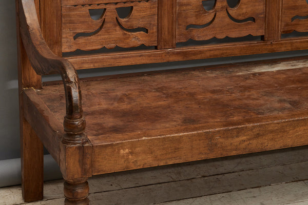 19th Century Teak Dutch Colonial Bench with a Pierced Fork Back from Madura Islands