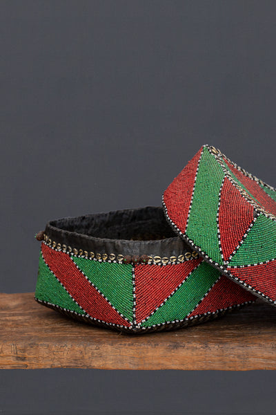 Extra Large Red & Green Beaded Offering Box from Sumatra