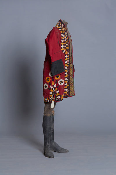 Red and White Stripe Tajik Short Jacket with Embroidered Edges
