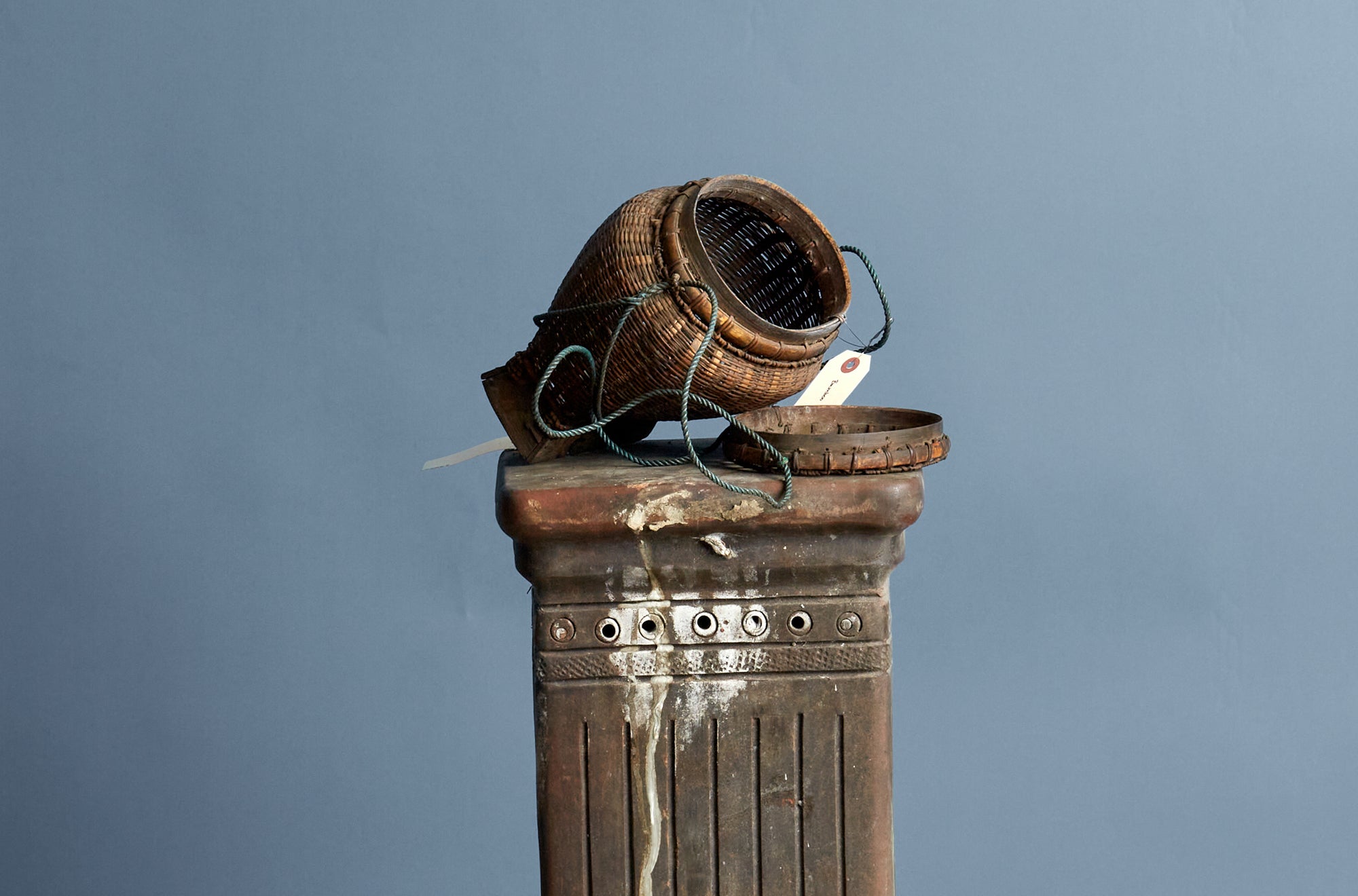 Small Covered Lombok Gathering Basket with Decorative Teak Base