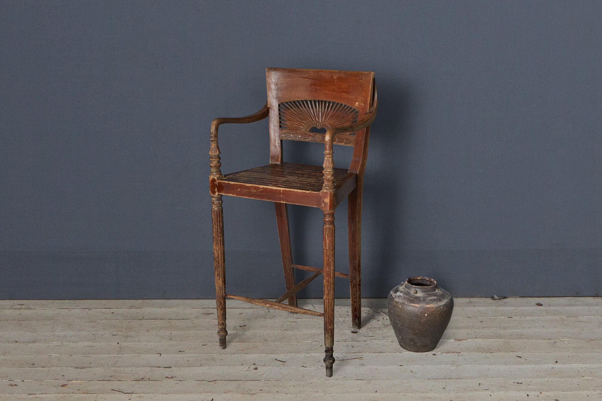 Tall Dutch Colonial Teak Raffles Directors Chair with Carved Back
