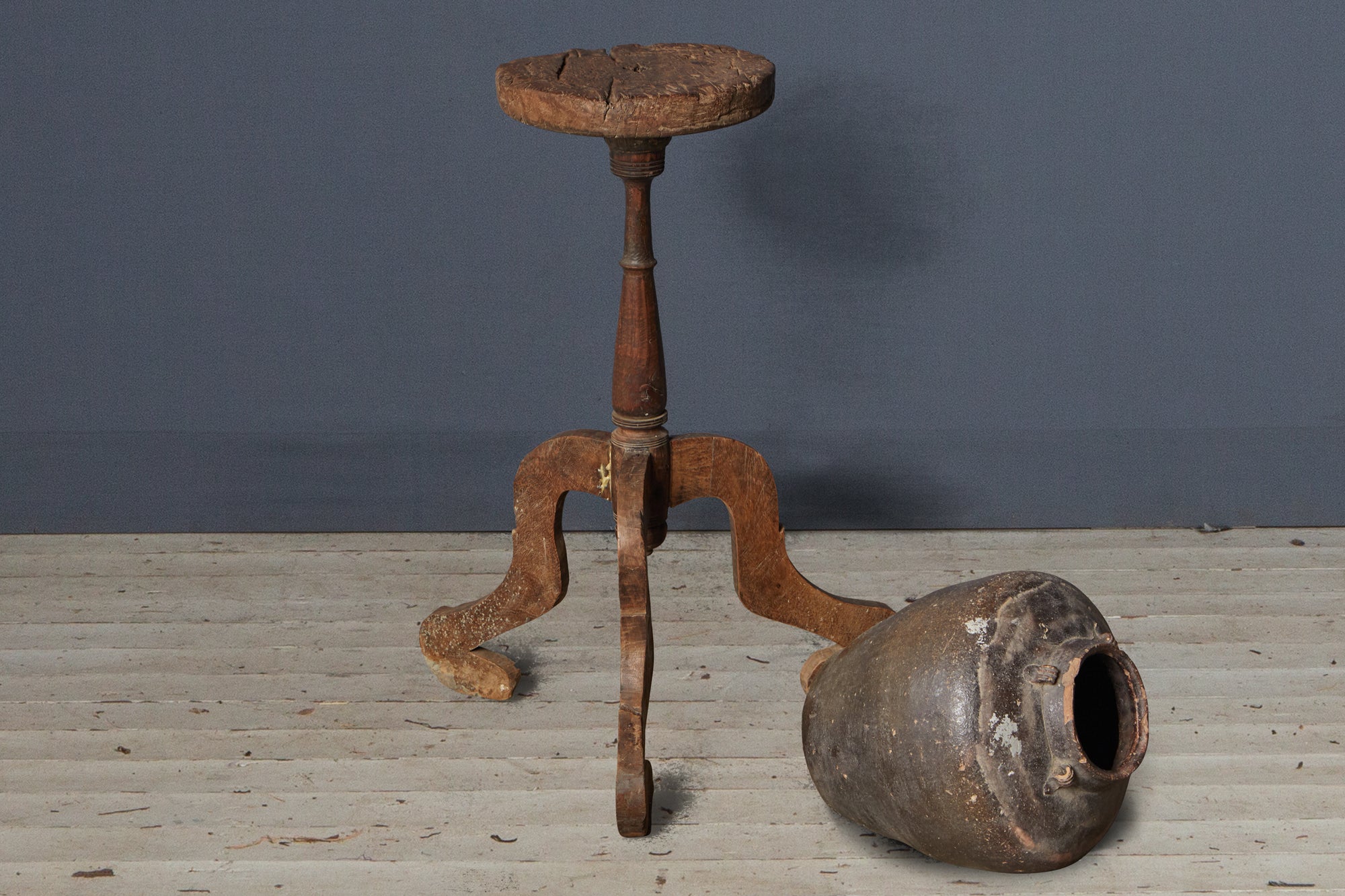 Small Primitive Teak Stand with Repair to Leg