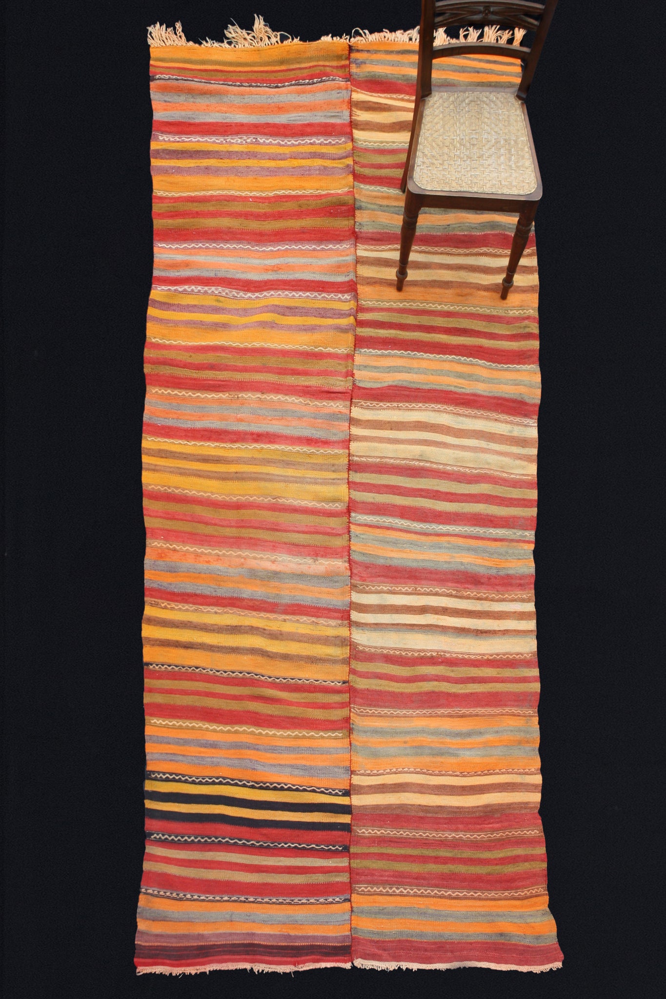 Anatolian Kilim With Red, Yellow And Blue Stripes (4' 9" x 11' 4")