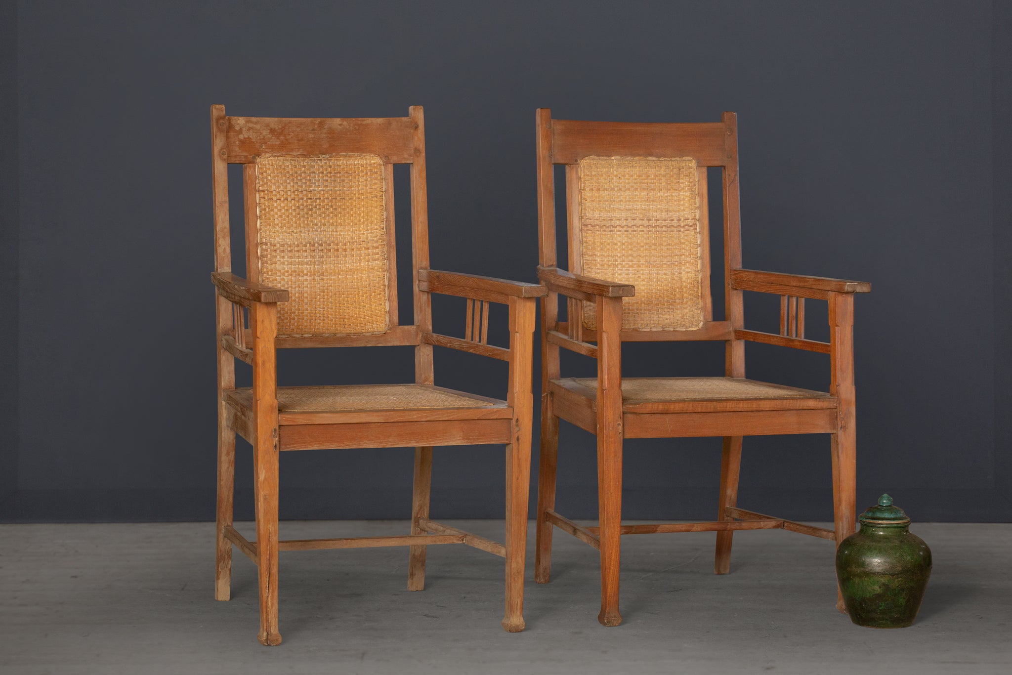 Pair of Teak & Rattan Lounge Chairs