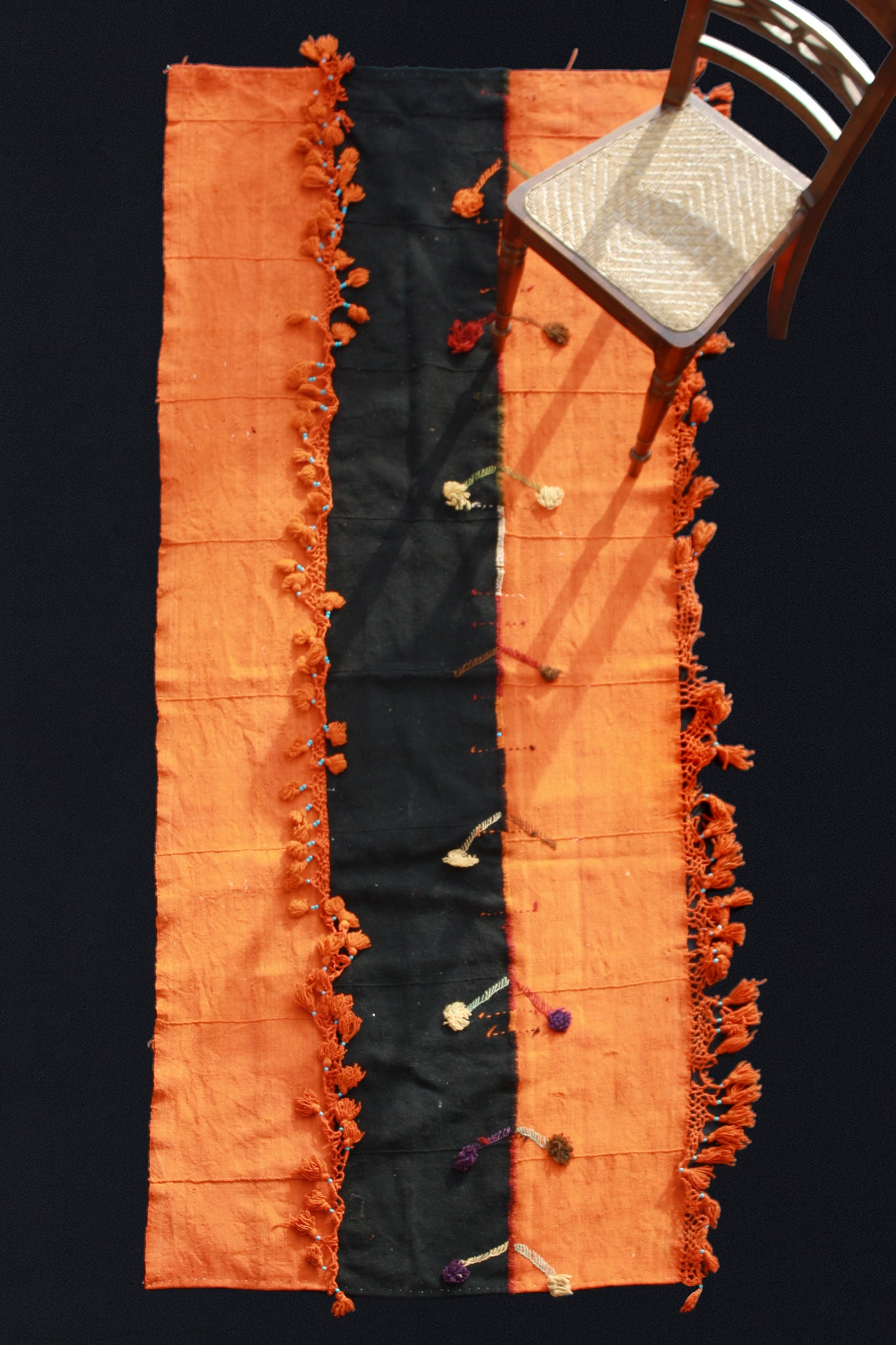 Sevas Perde- Orange With Black Center And Fringe With Blue Beads (3' 7" x 9' 7")
