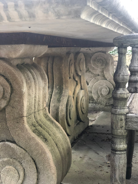 Large French, 3 Pedestal Base Carved Limestone Garden Table